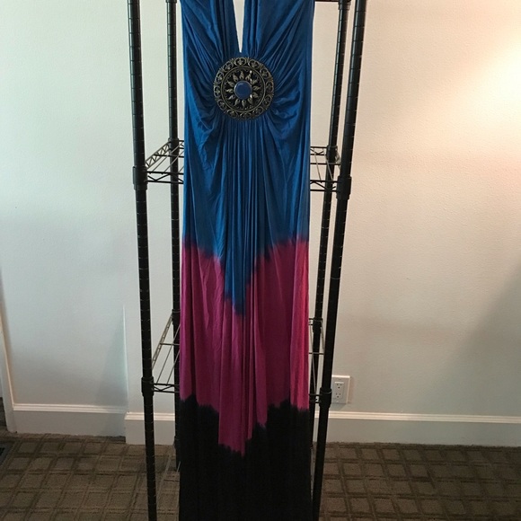 Sky blue, pink, and black Maxi Dress &feather tie - Picture 10 of 10